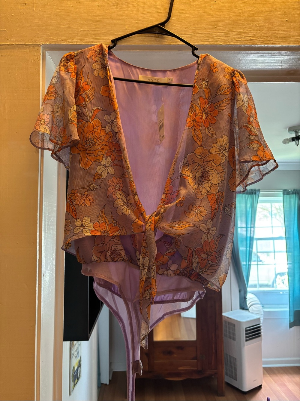 Astr Electric Lilac Floral Tie-Front Bodysuit with Orange Floral Accent